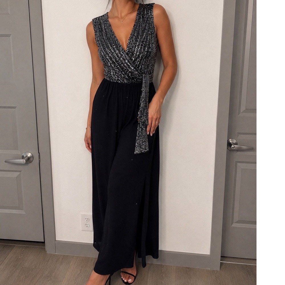 Bebe Black Silver Sequin Wrap V Neck Wide Leg Jumpsuit Y2K Sleeveless XS ff